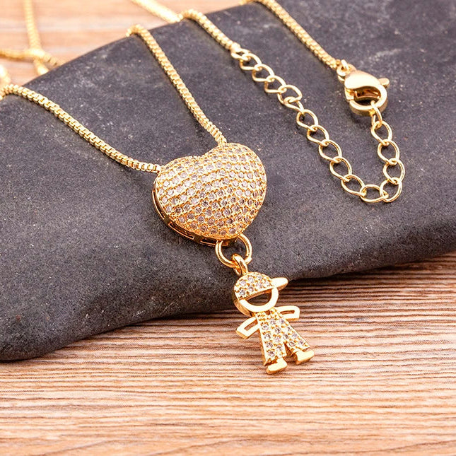 Cubic Zirconia Love Heart Family Pendant Necklace