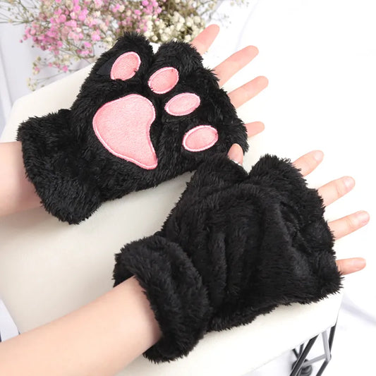 Cute Fluffy Plush Paw Fingerless Gloves