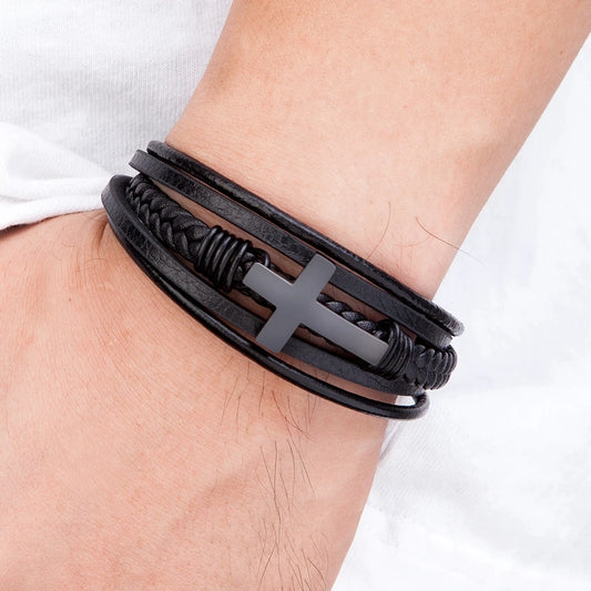 Braided Leather Cross Bracelet