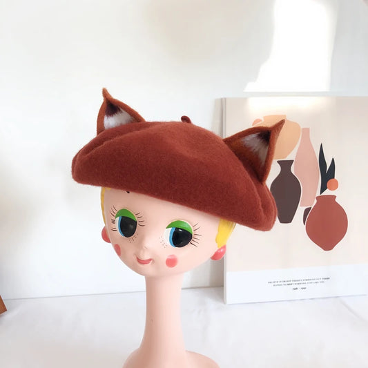 Fox Ear Wool French Beret Hat