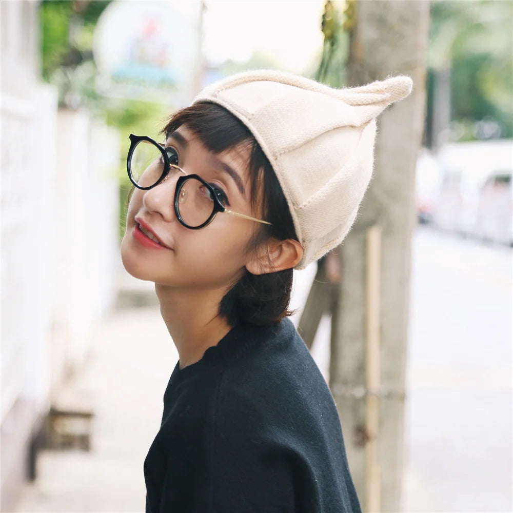 Knitted Beanie Hat with Twist Pointy Tip