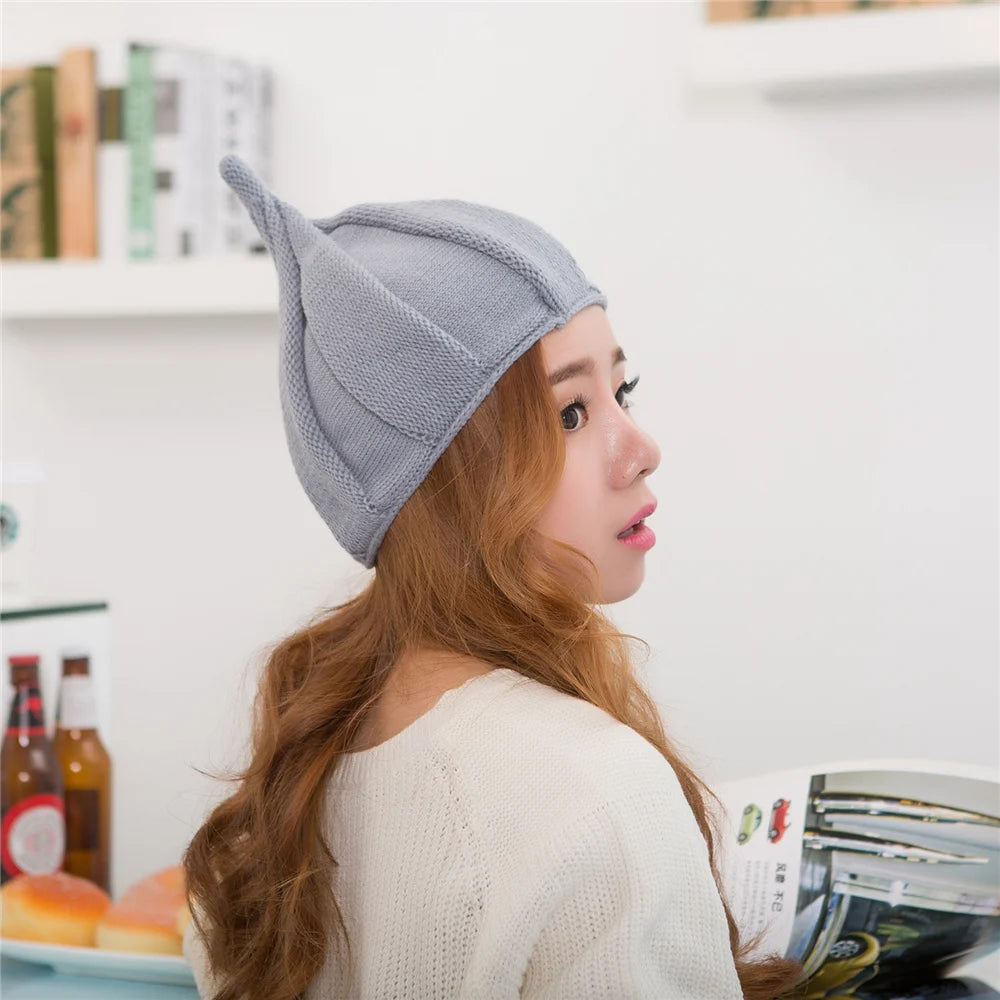 Knitted Beanie Hat with Twist Pointy Tip