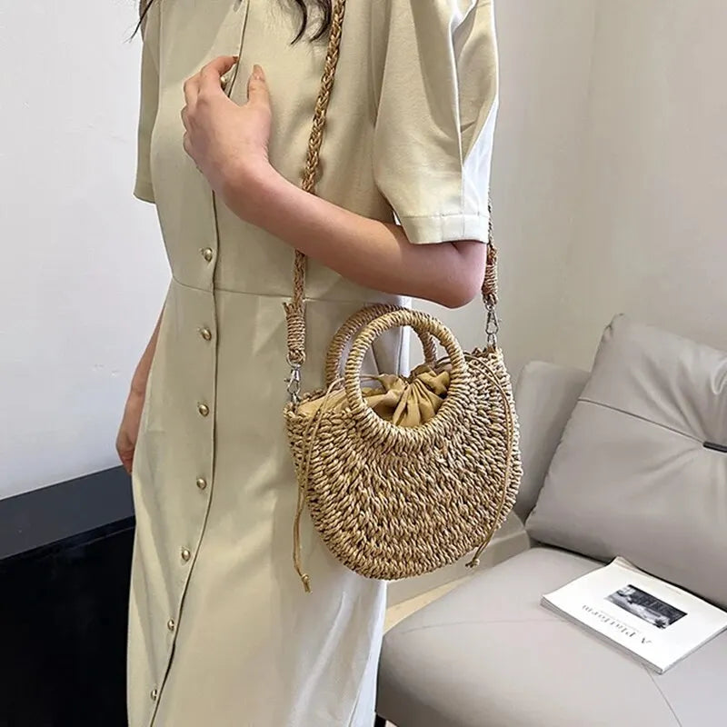 Handwoven Straw Rattan Half-Moon Beach Handbag