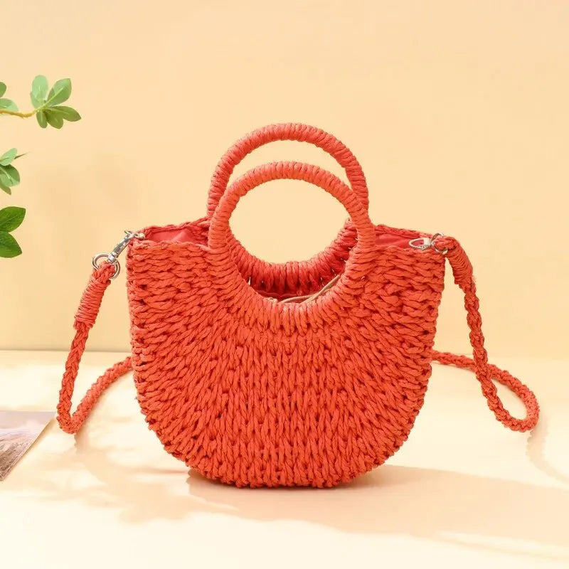Handwoven Straw Rattan Half-Moon Beach Handbag