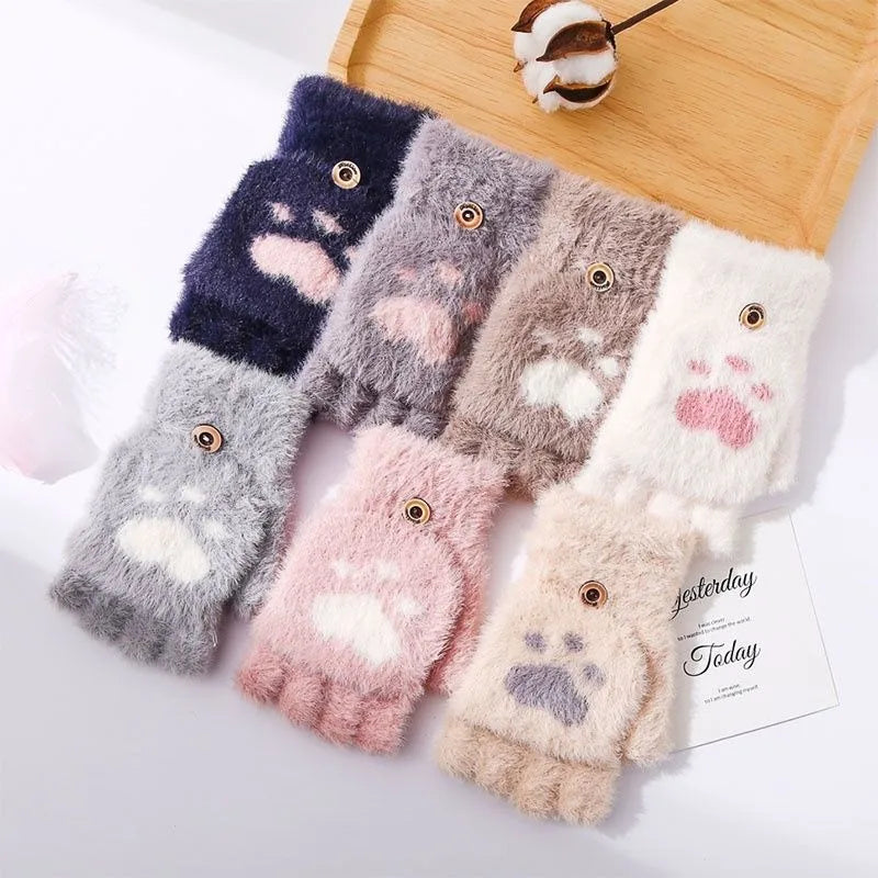 Soft Plush Fingerless Gloves Convertible Mittens