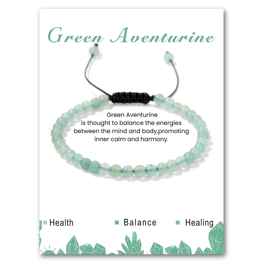 Green aventurine bracelet on a card with text about its properties