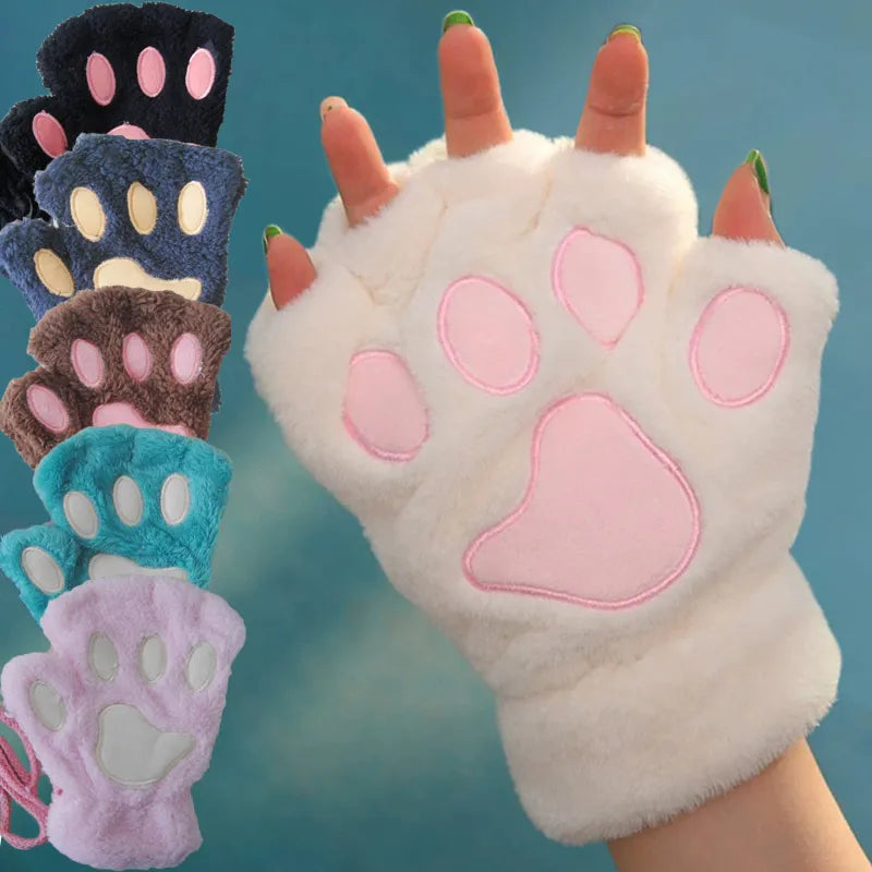 Cute Fluffy Plush Paw Fingerless Gloves