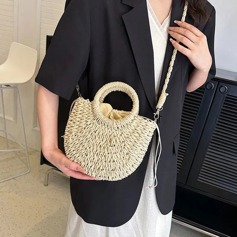 Handwoven Straw Rattan Half-Moon Beach Handbag
