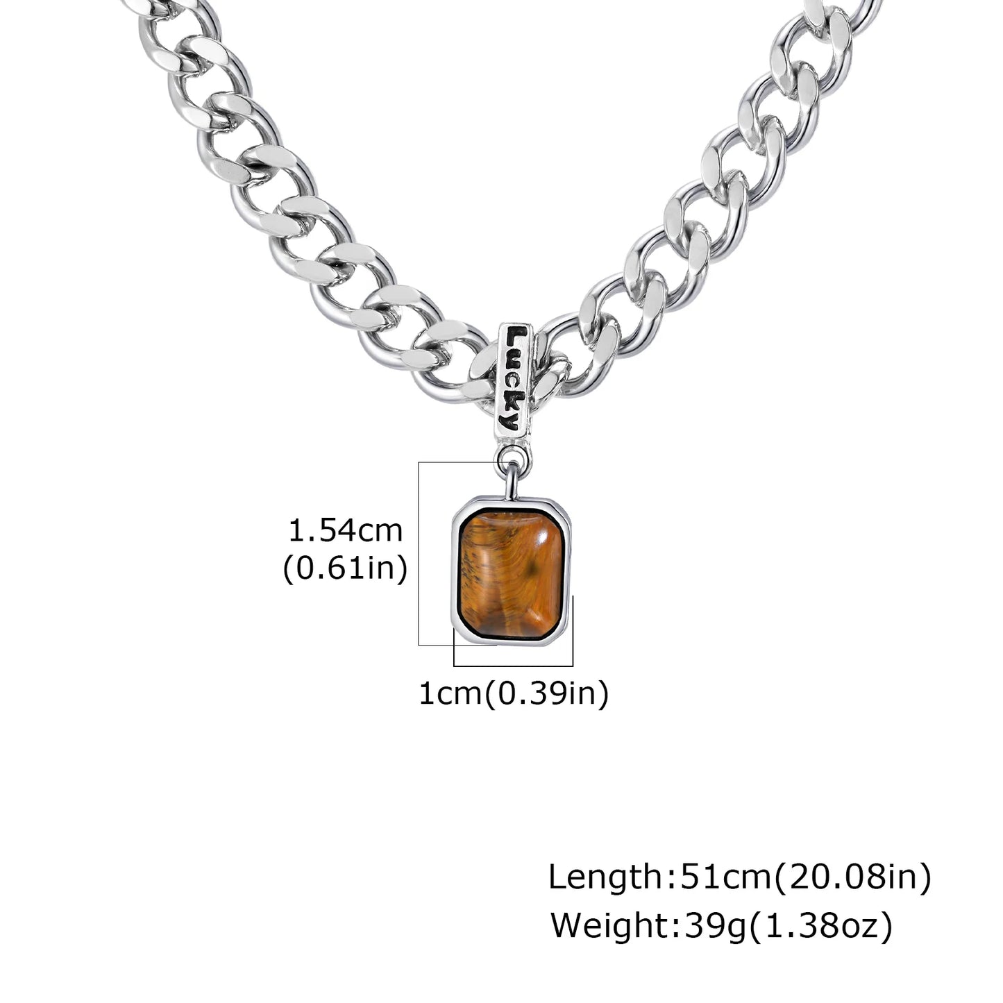 Silver chain necklace with a brown pendant, showing measurements and brand name.