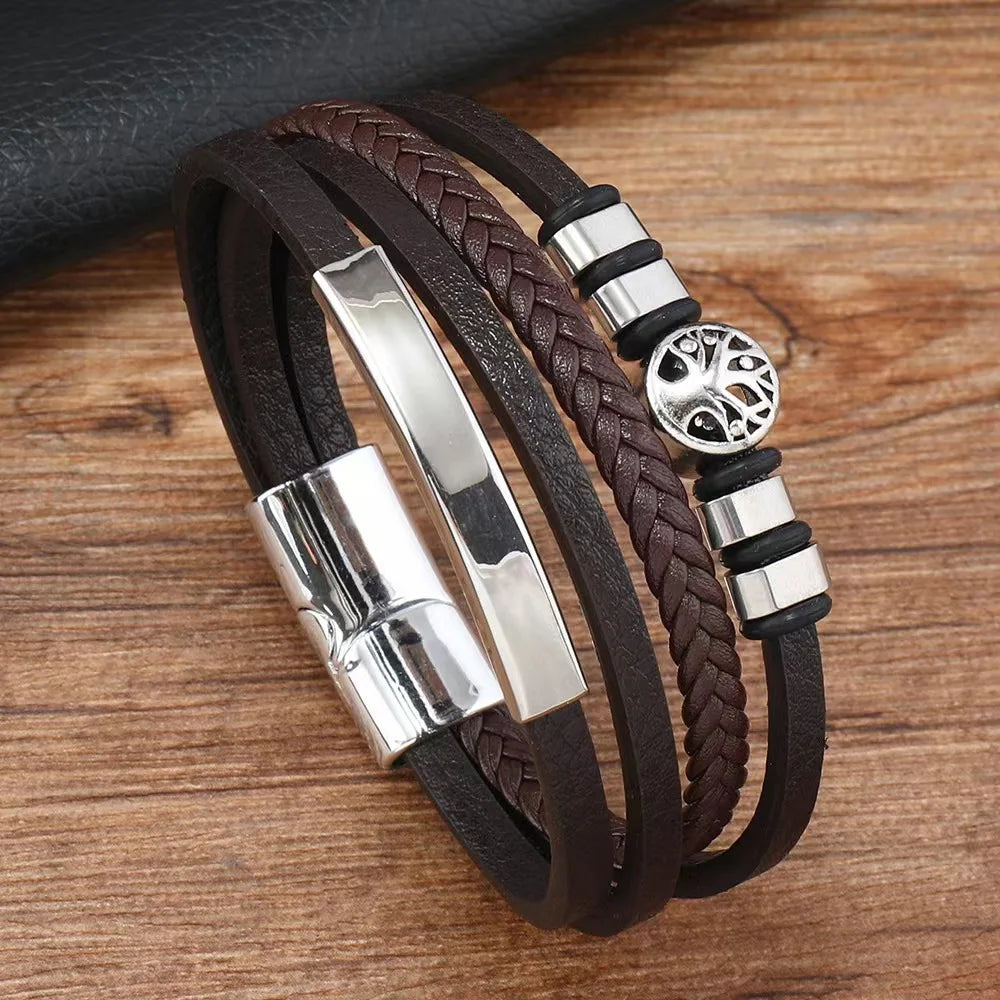 Multi Strand Leather Fashion Bracelet - Tree