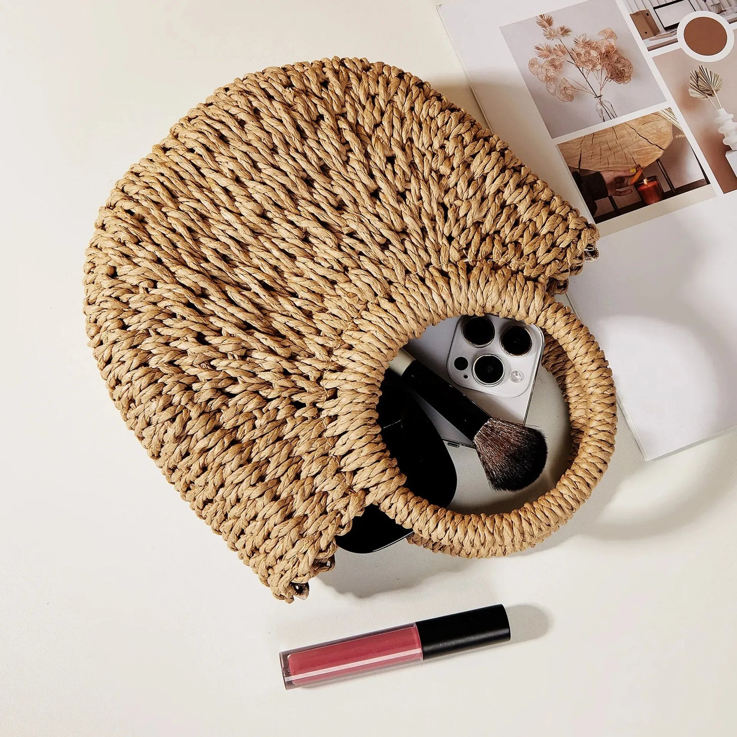Handwoven Straw Rattan Half-Moon Beach Handbag