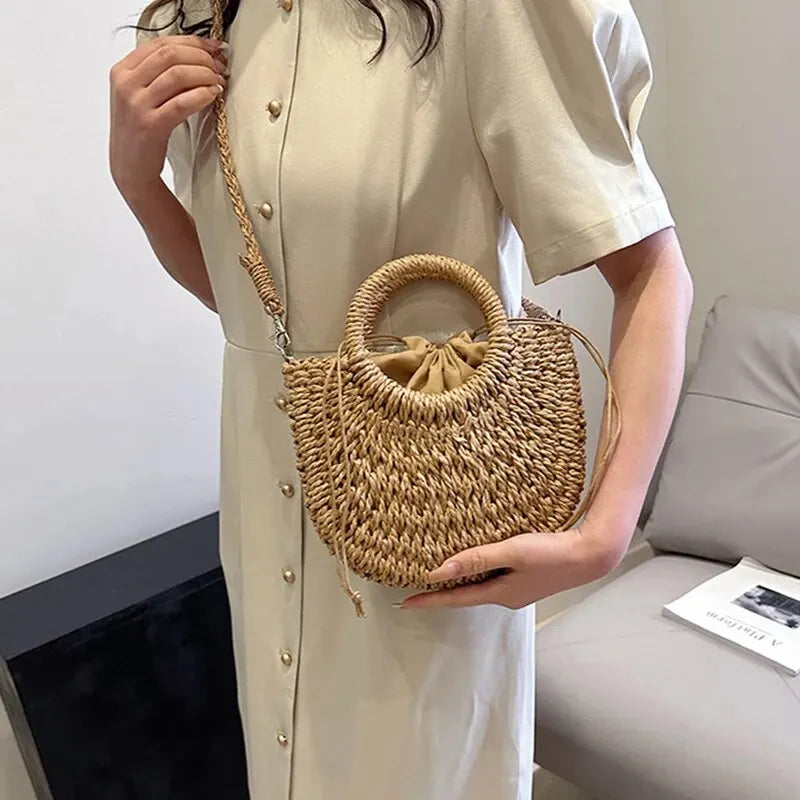 Handwoven Straw Rattan Half-Moon Beach Handbag