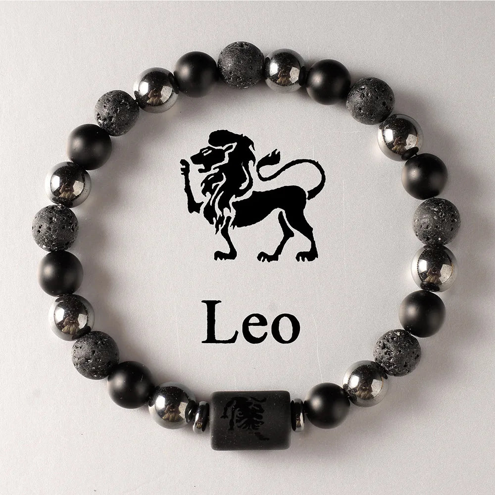 Black beaded bracelet with a Leo symbol on a white background