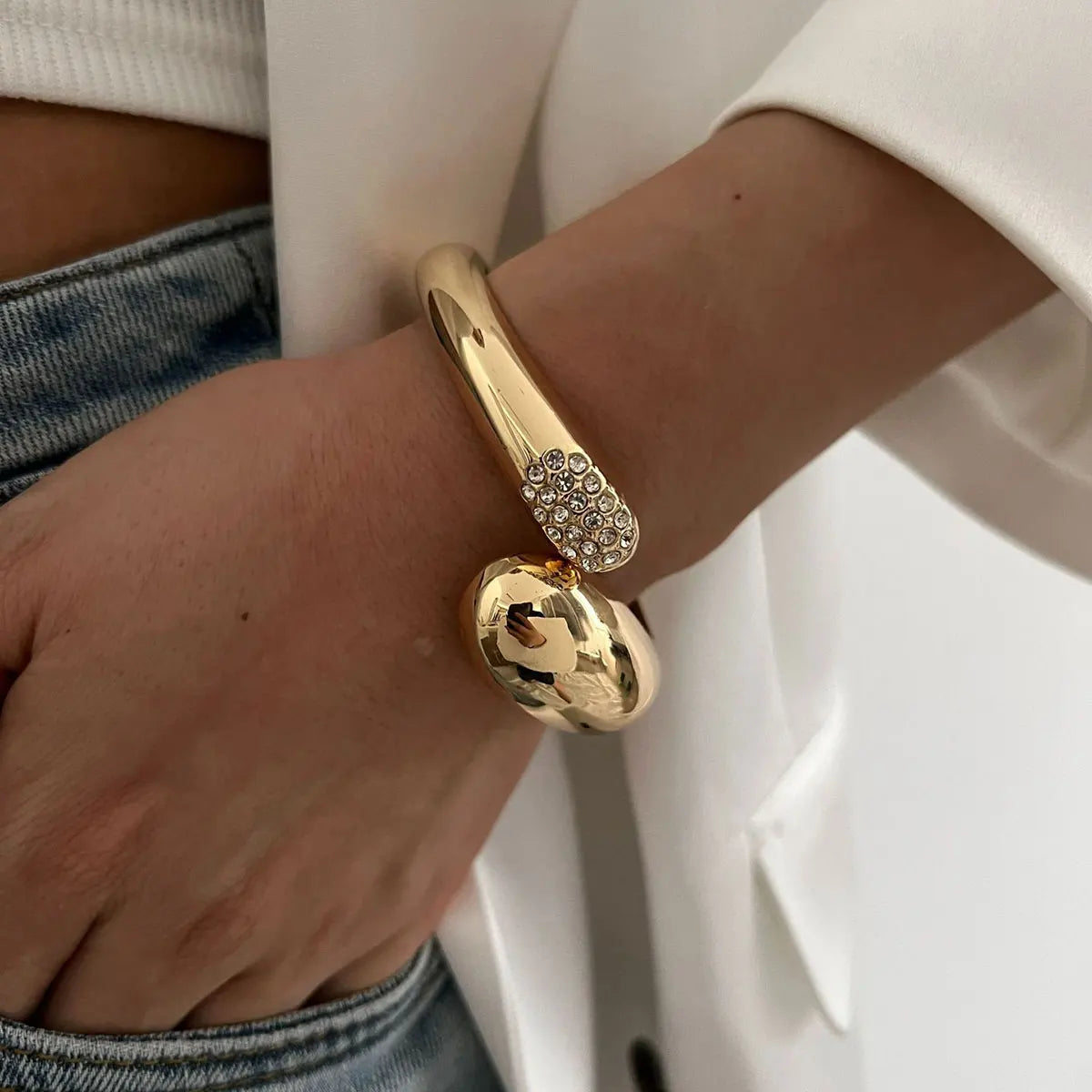 Polished Water Drop Bangle Bracelet with Rhinestones