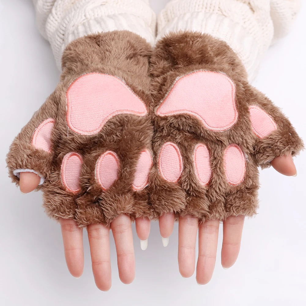 Cute Fluffy Plush Paw Fingerless Gloves
