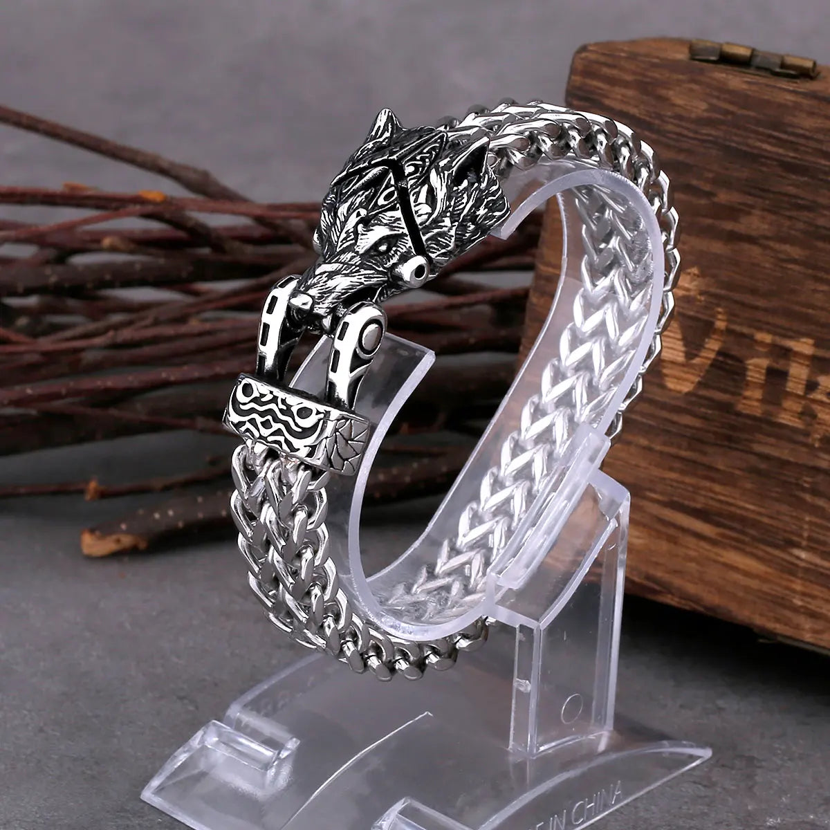 Nordic Wolf Head Stainless Steel Bracelet with Wooden Gift Box