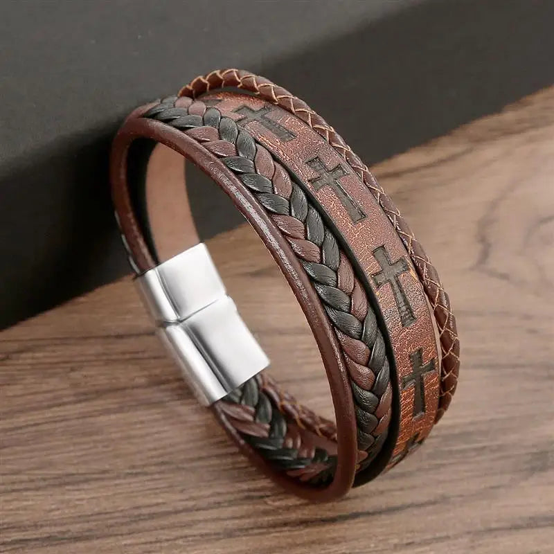 Multi Strand Leather Cross Embossed Bracelet