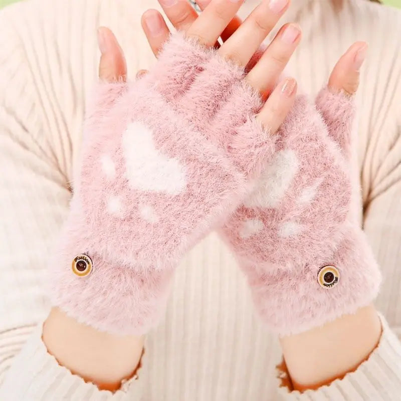 Soft Plush Fingerless Gloves Convertible Mittens