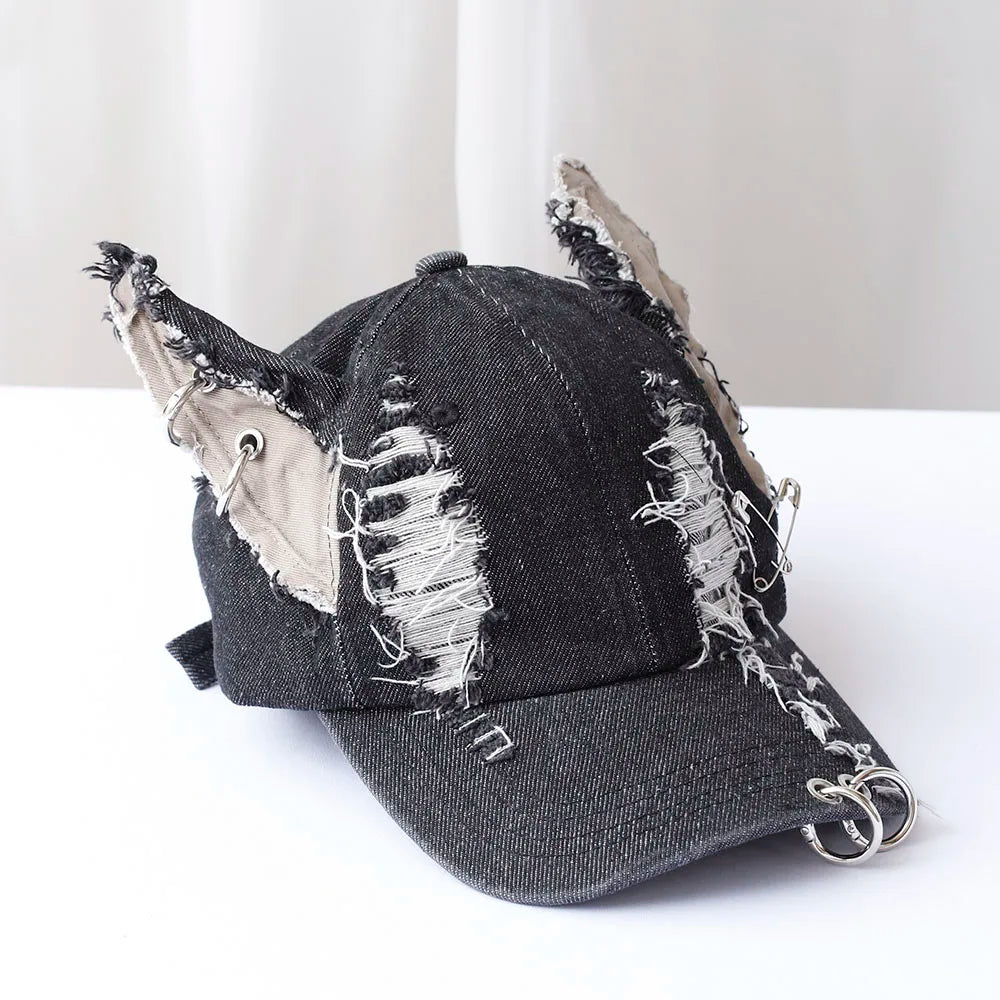 3D Ears Punk Ripped Denim Baseball Cap