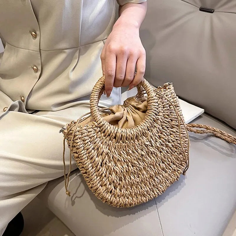 Handwoven Straw Rattan Half-Moon Beach Handbag