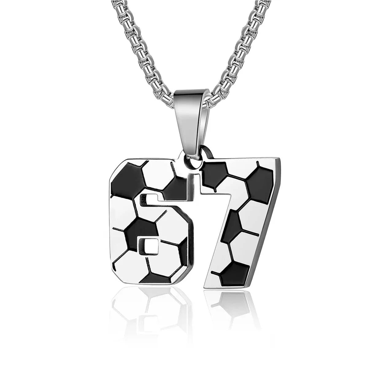 Number 67 pendant necklace with soccer ball design on a white background