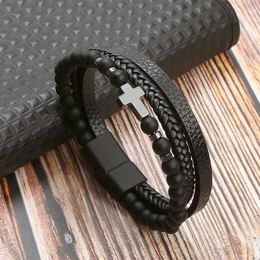 Men's Strand Leather Bracelet with Cross