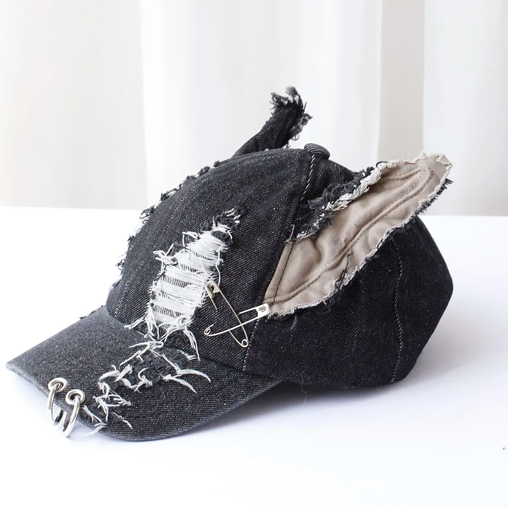 3D Ears Punk Ripped Denim Baseball Cap