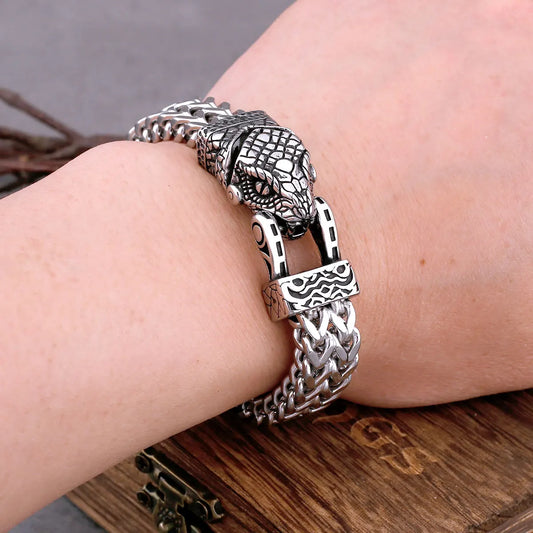 Nordic Snake Head Stainless Steel Bracelet with Wooden Gift Box