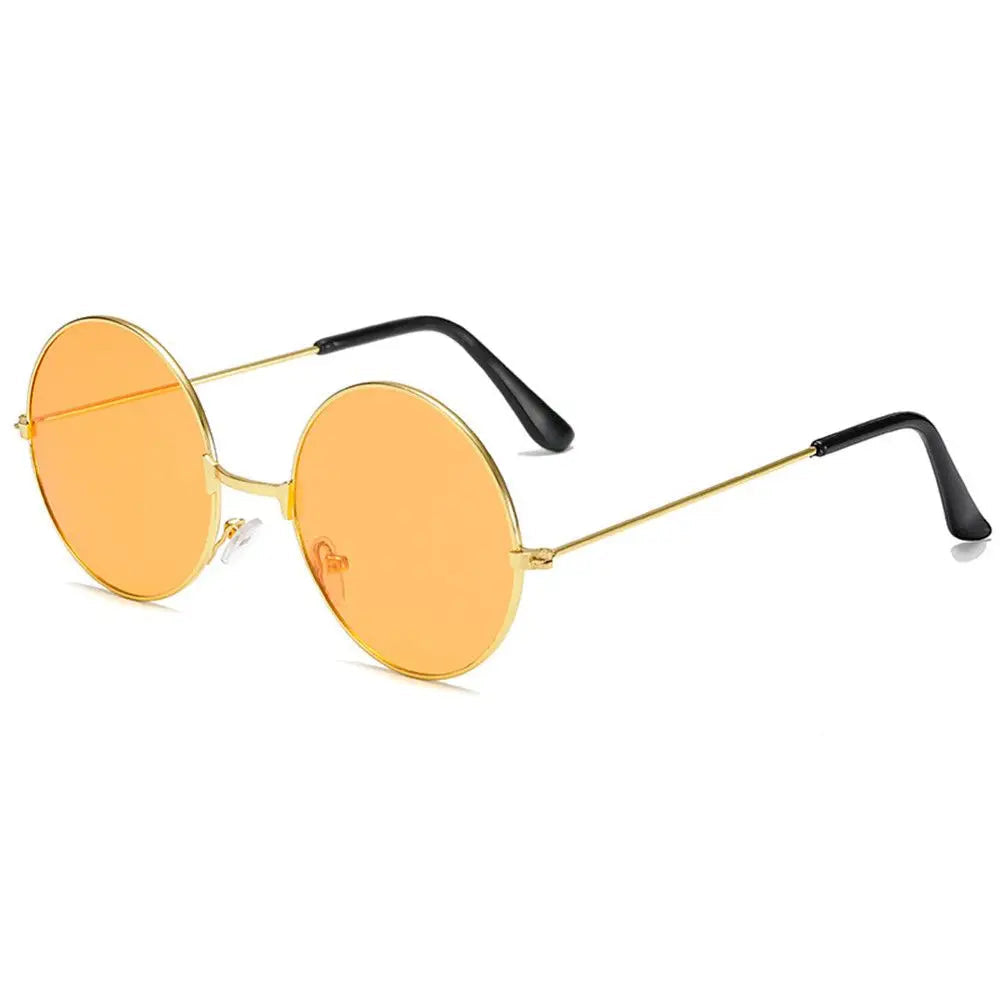 Round orange sunglasses with gold frames and black arms on a white background