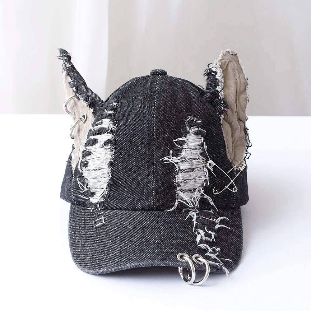 3D Ears Punk Ripped Denim Baseball Cap