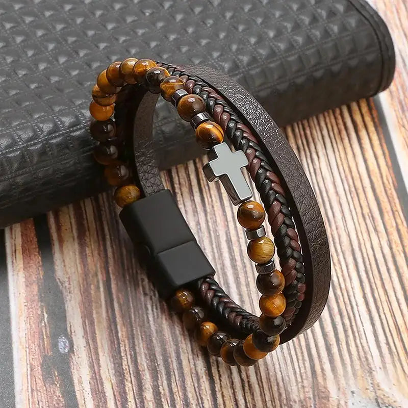 Men's Strand Leather Bracelet with Cross
