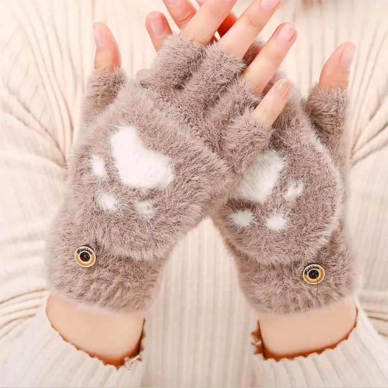 Soft Plush Fingerless Gloves Convertible Mittens