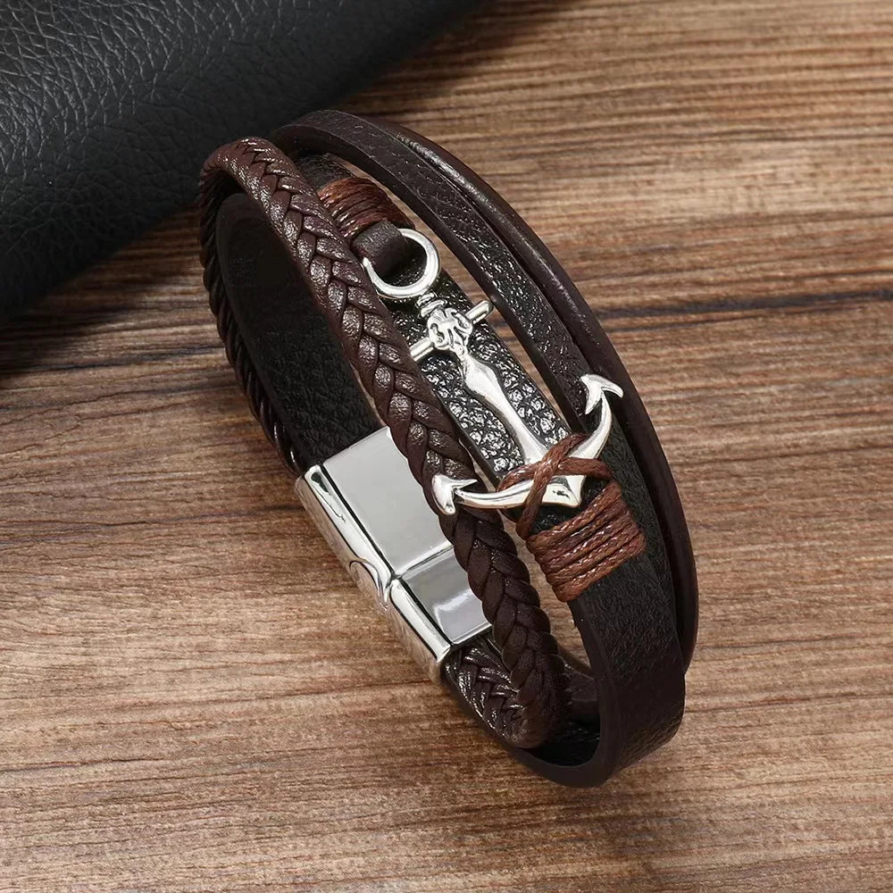 Multi Strand Leather Fashion Bracelet - Anchor