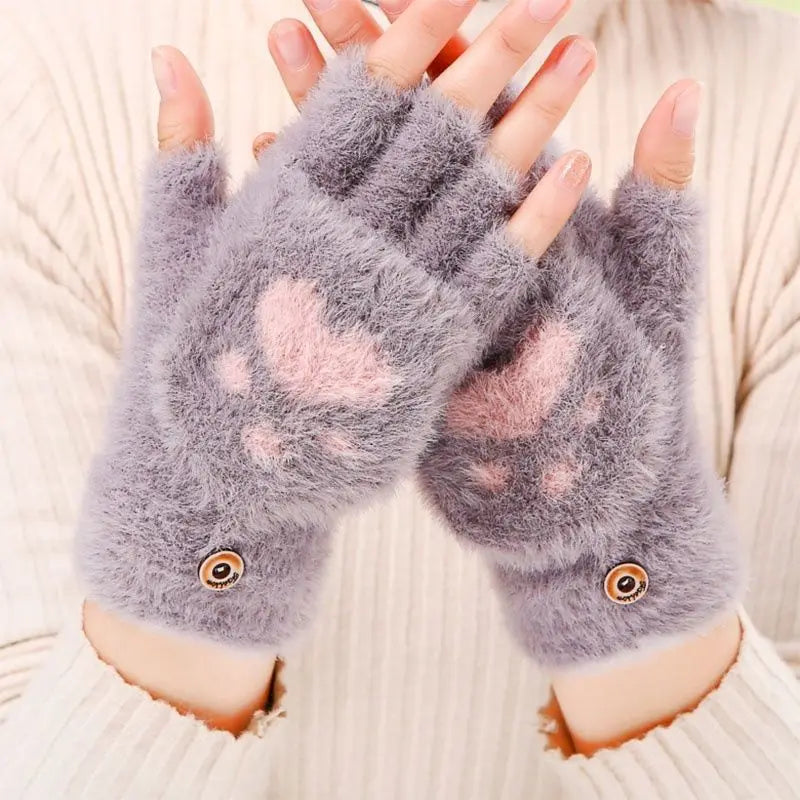 Soft Plush Fingerless Gloves Convertible Mittens