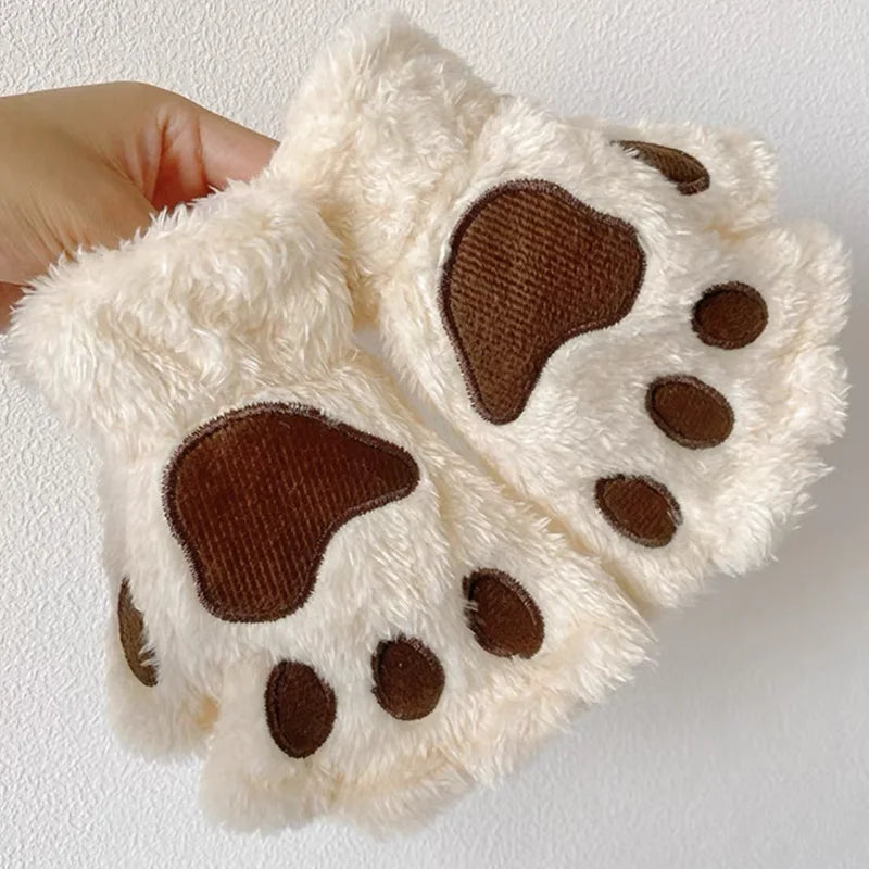 Cute Fluffy Plush Paw Fingerless Gloves