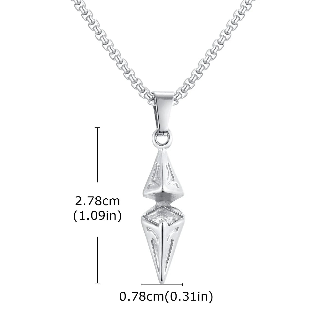 Silver pendant necklace with measurements on a white background