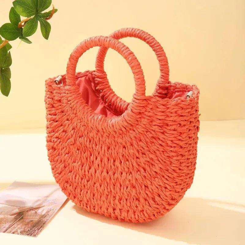 Handwoven Straw Rattan Half-Moon Beach Handbag
