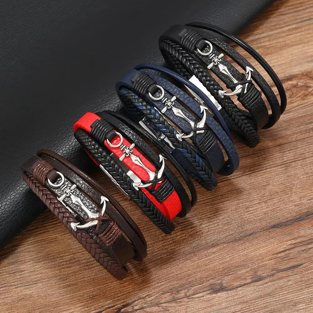 Multi Strand Leather Fashion Bracelet - Anchor