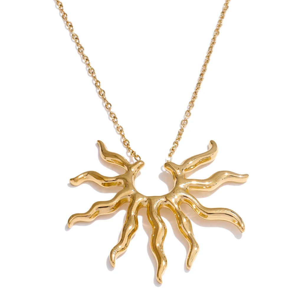 Gold sun-shaped pendant on a chain against a white background