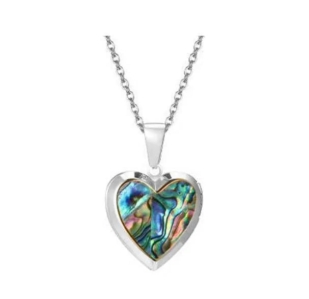 Silver heart-shaped pendant with abalone shell inlay on a silver chain against a white background