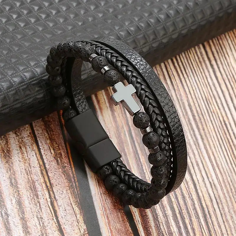 Men's Strand Leather Bracelet with Cross
