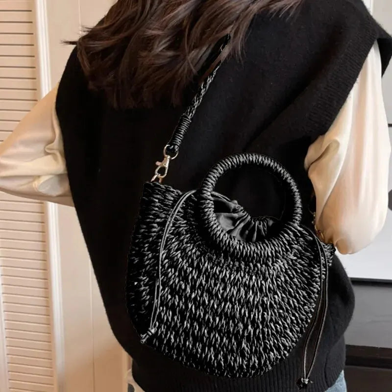 Handwoven Straw Rattan Half-Moon Beach Handbag