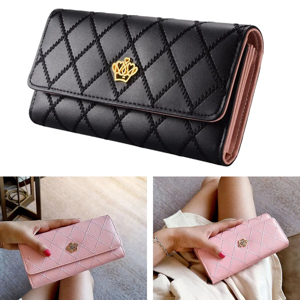 Diamond Pattern Leather Long Wallet