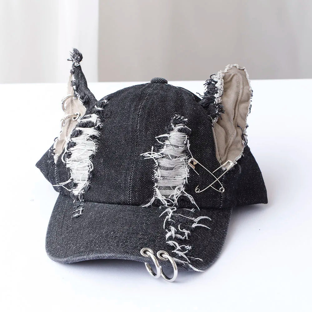 3D Ears Punk Ripped Denim Baseball Cap