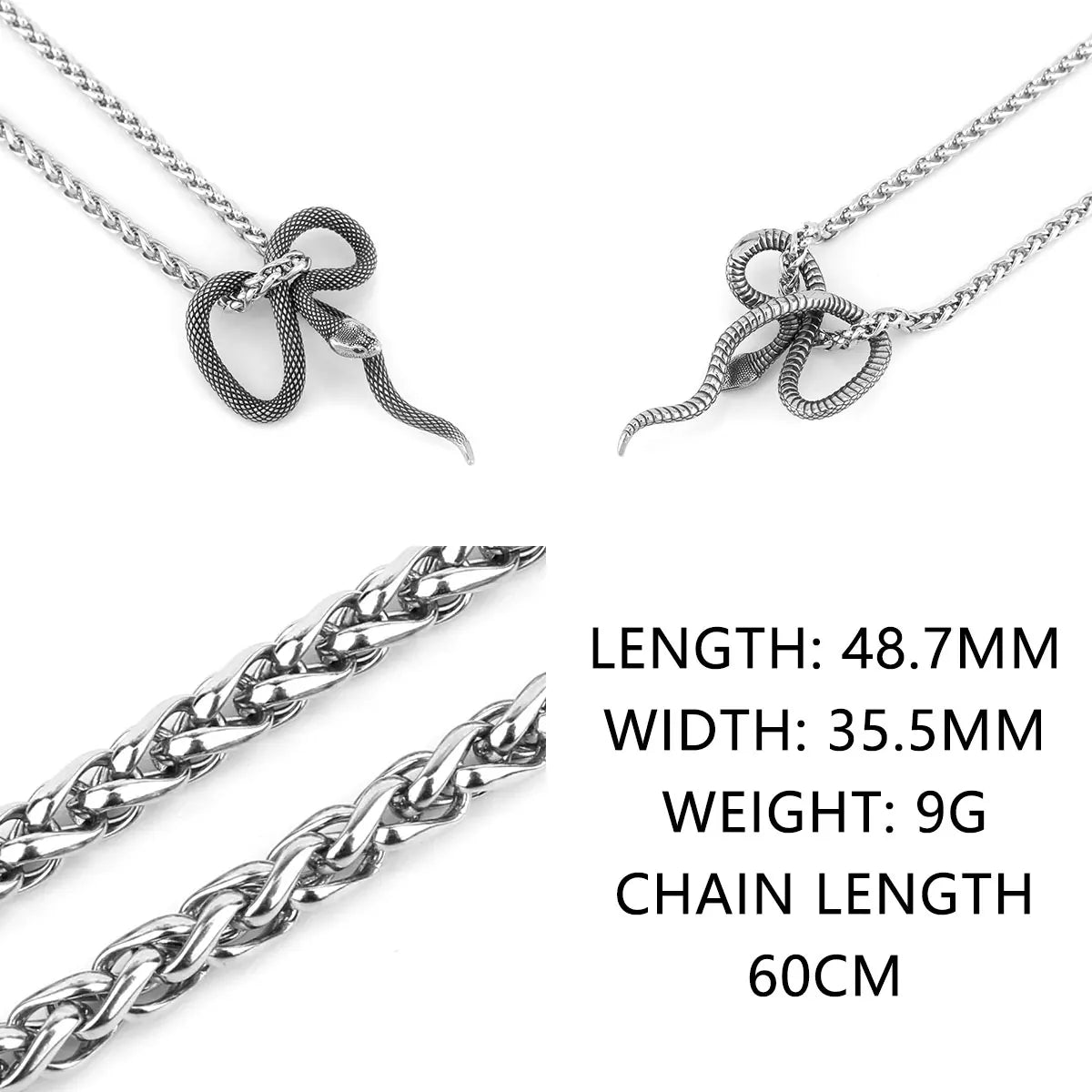 Silver chain necklace with snake design on a white background