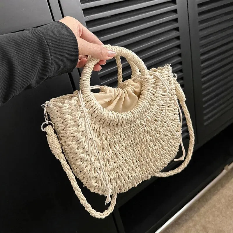 Handwoven Straw Rattan Half-Moon Beach Handbag
