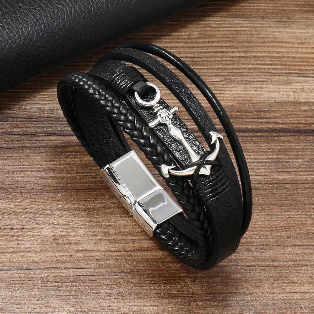 Multi Strand Leather Fashion Bracelet - Anchor