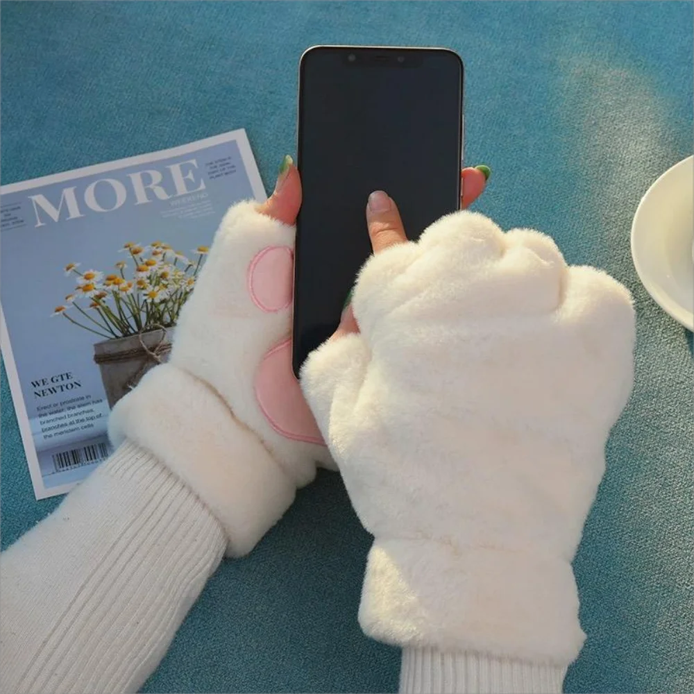 Cute Fluffy Plush Paw Fingerless Gloves