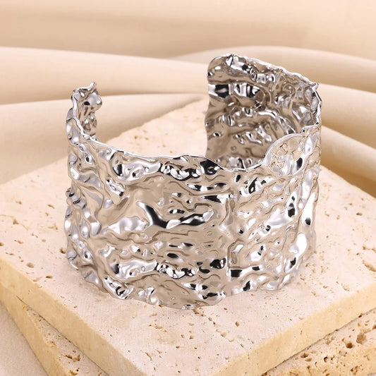 Crumpled Foil Texture Wide Open Cuff Bangle