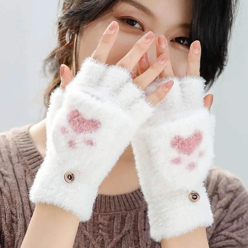 Soft Plush Fingerless Gloves Convertible Mittens